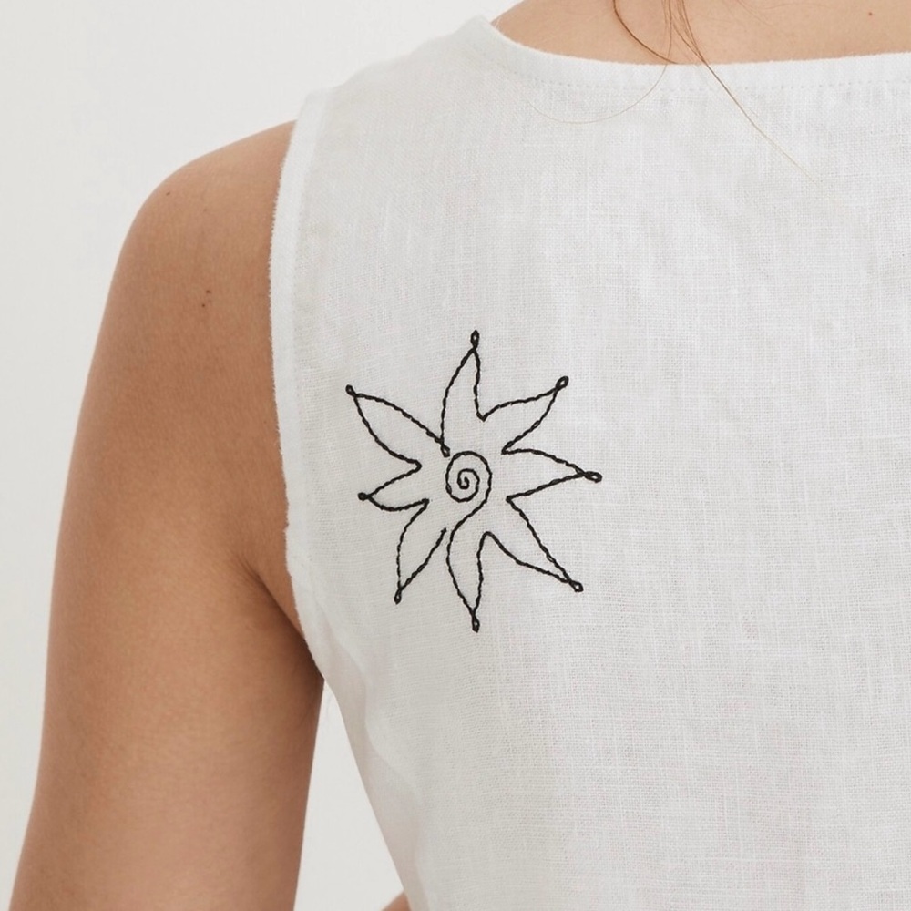 Madewell Linen Embroidered Button Front Midi Dress White Black Size 4 NWT - Picture 3 of 7